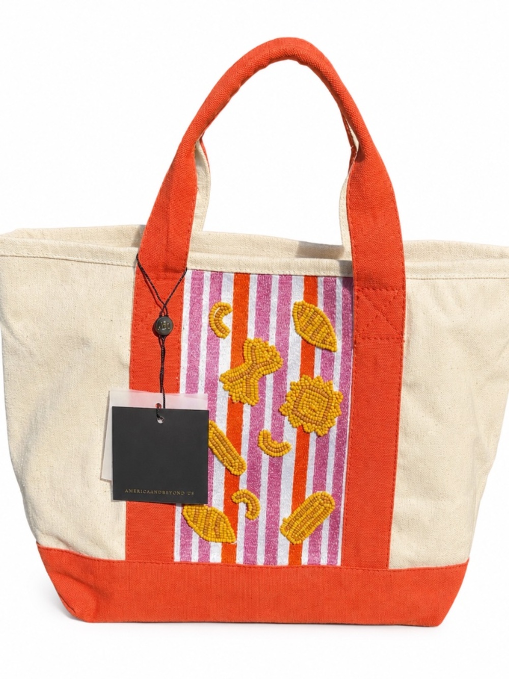 America & Beyond Beaded Embroidered Pasta Shells Canvas Tote Bag NWT
